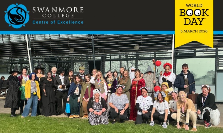 Staff at Swanmore College dressed as book and film characters for World Book Day, posing together outside the school building.